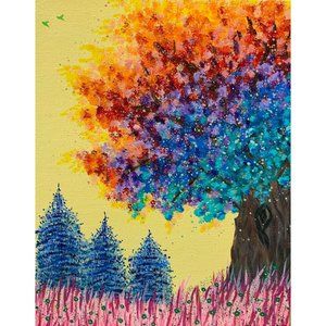 Trees in a Field of Flowers II Original Acrylic Painting, Beautiful Sharp Colors